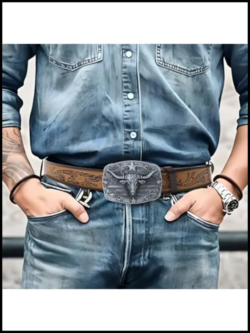 Men's Western Leather Belt with Engraved Buckle - Brown – Adjustable